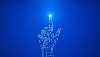 Abstract Digital Human Hand Touching on Glowing Dot. Low Poly Vector Illustration on Dark Blue Technological Background. Light Wireframe Connection Structure. Futuristic Technology Concept. ai