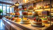 © NafiliaEmil - Assortment of artisan cakes with creative decorations displayed in a modern glass pastry shop showcase. Featuring colorful layers textured toppings and elegant presentation under warm ambient lighting