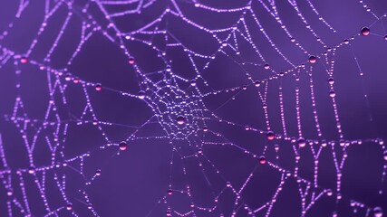 Intricate spiderweb glistening with thousands of luminous water droplets and subtle red reflections against a deep purple, mysterious nocturnal backdrop.