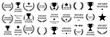 © Zaleman - Set of black award winner icons including trophies, laurel wreaths, stars, and nomination badges in flat vector style for certificates and recognition designs. Black Laurel and Trophy Vector