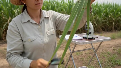 Wall Mural - Researcher inspects diseaseresistant sugarcane leaves under natural light noting color and texture for signs of fungal infection defense