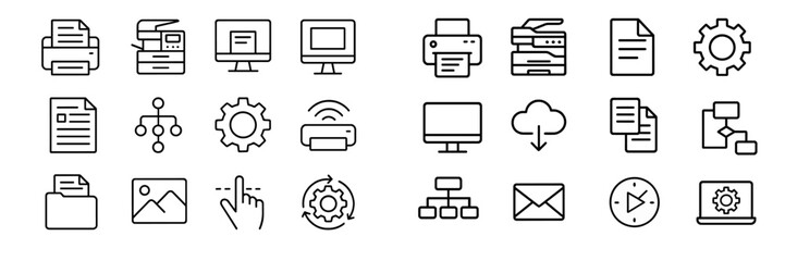 Collection of simple line icons representing various office tasks and equipment for digital workflows