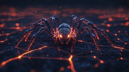 A detailed, glowing spider sits on a web of intricate patterns, illuminated by ethereal light, creating a captivating and slightly eerie visual effect.