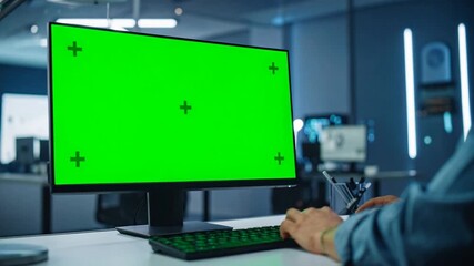 Person Typing on Keyboard with Green Screen Computer Monitor in Modern Office.