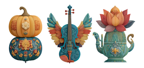 Colorful Decorative Objects Featuring Lotus, Violin, and Pumpkin Shapes