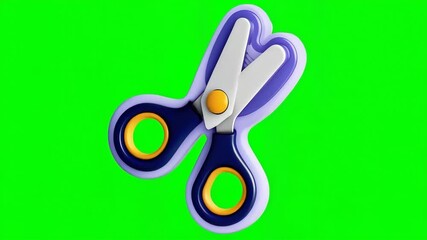 A pair of colorful scissors rendered in 3D on a bright green background.