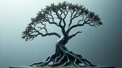 A shattered tree of life sculpture with digital binary rain, symbolizing evolution and technology.