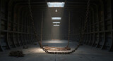 Cinematic view inside a dark, empty ship's hull with massive anchor chains and atmospheric light from above