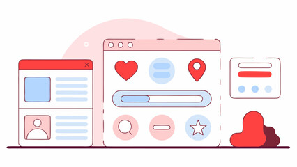 Flat design illustration of various user interface elements including windows icons like heart and star and a progress bar for web and app development.