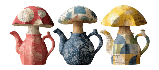 Colorful Mushroom Teapots with Unique Designs and Vintage Textures on Transparent Background