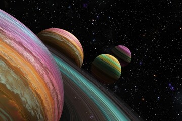 Wall Mural - Colorful gas giants orbiting in a vast, star-filled universe at night