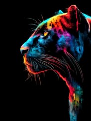  Panther head side profile with radiant fluorescent neon paint strokes on black background
