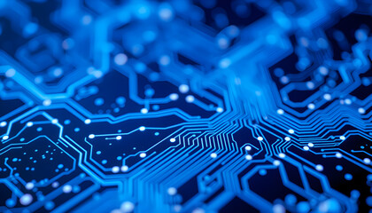 Abstract digital circuit board on an electric blue technological background. Circuit board with connected lines and dots on an abstract digital motherboard. Generative AI