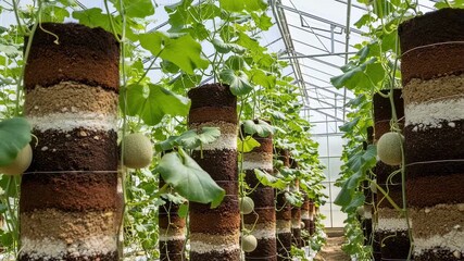 Wall Mural - Medium view of soilbased vertical melon stacks highlighting rich earth layers supporting robust melon vines inside a bright greenhouse.