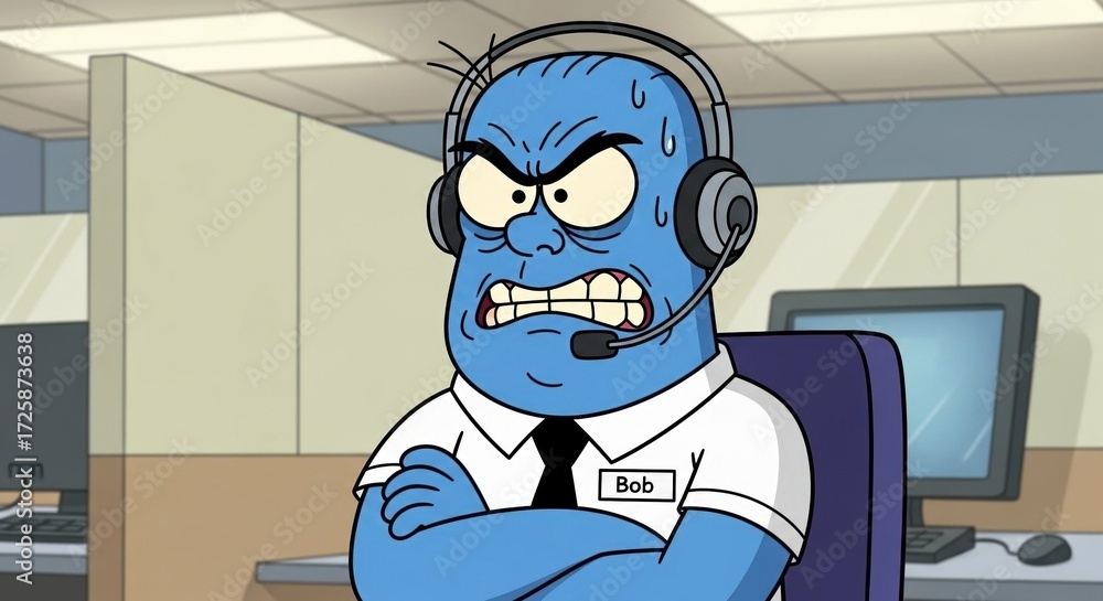 Angry Cubicle An angry and stressed blue cartoon character a call center agent named ...