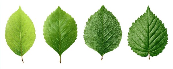 Four vibrant green leaves against a white background