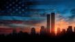 © Thipsuda - Twin Towers American flag sunset cityscape silhouette patriotism bravery September remembrance dramatic sky urban skyline