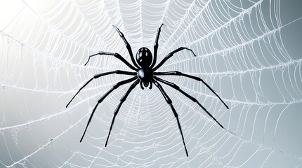 A photo of a highly detailed spider web with intricate threads and patterns, featuring a large black spider with distinct rounded body and long slender legs in the center.