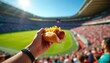 © Raisa - Person holds a hot dog topped with mustard relish, capturing excitement of a sports game in an outdoor stadium. Cheering fans fill the arena on a bright day. Summer event, family fun, stadium food.