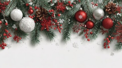 Wall Mural - festive holiday border with ornaments pine branches berries and snowflakes