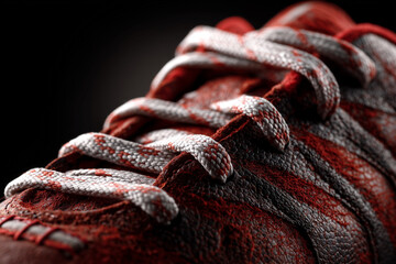 A close up of a shoe with red and white laces