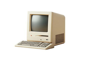 Vintage beige computer with crt monitor and keyboard from the 1980s, cut out