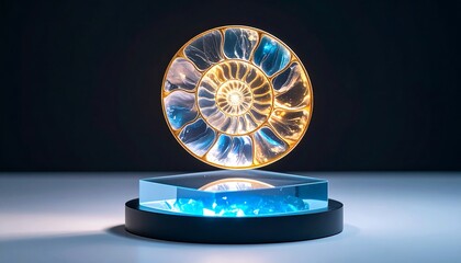 Illuminated Fossil Exhibit with Vibrant Colors and Futuristic Design