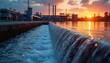 © Raisa - Wastewater treatment plant at sunset with industrial complex in background. Clean water flows over concrete channel. Eco-friendly solution for sewage purification, environmental water resources