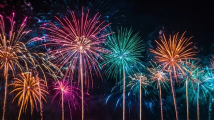 Colorful fireworks exploding in dark night sky celebration 1