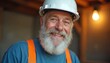 © Raisa - Friendly construction worker with white beard, wearing hard hat. Experienced man smiles in well-lit industrial setting. Professionalism, dedication reflected in portrait. Focus on craftsmanship,