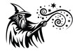© Bably - Wizard casts spell using wand to conjure stars and swirl patterns in black and white