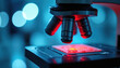 © Raisa - Microscope lenses backlit in science studio with colorful bokeh lights. Precision optic equipment for biology, medicine research, clinical analysis, detailed observation, health care investigation.