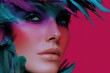 © kvladimirv - Vibrant and Artistic Close-Up Portrait with Feather Accents and Bold Makeup on Red Background