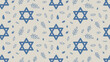 © Nasreen - A repeating pattern with blue star of david symbols leaves and teardrop shapes on a beige background