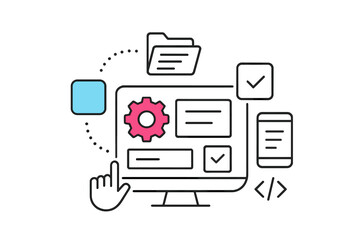 Creative illustration of a computer screen with gears and checkboxes representing software development processes