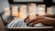 © Rosi - Typing on laptop with floating document panels representing digital document management, version control, and streamlined content workflows for teams.