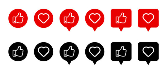 Thumbs up and heart icons set in round and speech bubble styles for social media, marketing, reactions, feedback, and engagement vector design