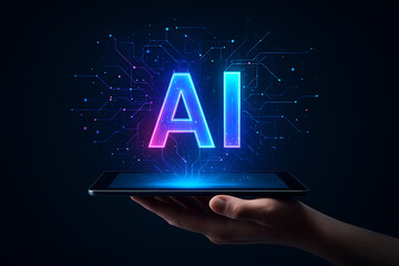 Futuristic glowing AI hologram rising from tablet surface representing artificial intelligence technology