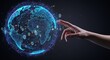 © Kiki - A hand interacts with a digital globe displaying interconnected networks and binary code, set against a dark background.