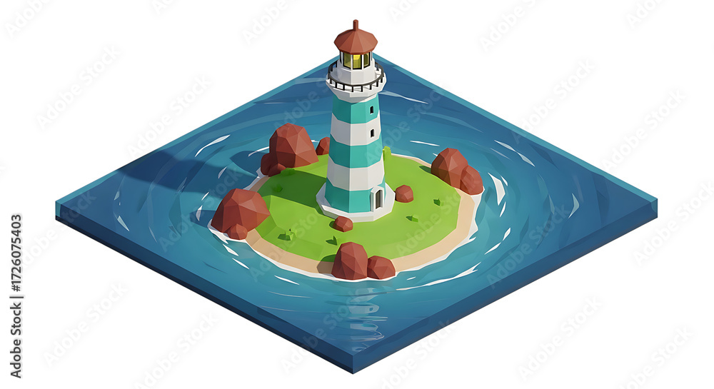 Isolated isometric lighthouse guides ships safely through vibrant ocean ...