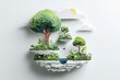 © Elexa - Layered Paper Art - Whimsical Floating Islands with Lush Green Trees, Serene Pond, and Gentle Clouds on White.