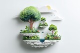 Layered Paper Art - Whimsical Floating Islands with Lush Green Trees, Serene Pond, and Gentle Clouds on White.
