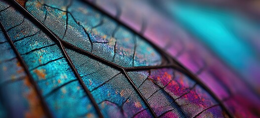 Macro Butterfly Wing, Extreme Close-up of Iridescent Scales and Veins, Vibrant Blue and Pink Pattern, Scientific Biology, Natural Texture, Abstract Art Background