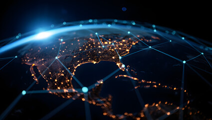 Global Network: A captivating view of planet earth, interlaced with a digital network representing the interconnectedness of the world. Illuminate with city lights.