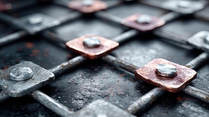 Macro Shot of Metal Grid Wall with Copper Accents in Cinematic HDR Style Showing Texture and Bolt Details
