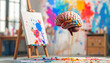 © Modern Lifestyle  - Brain balloon ascending in colorful art studio with vibrant paint splashes and creative atmosphere inspiring imagination and joy