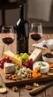 © Abderrazzak - Rustic tabletop: wooden cutting board with cheese, grapes, nuts,ambient light.