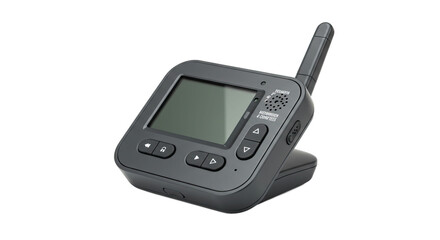 Black handheld device with screen and antenna on white background.