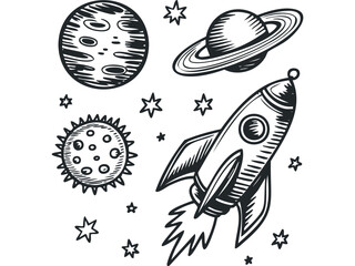 Wall Mural - Cosmic adventure with rocket, planet, and stars. Vector hand drawn illustration