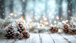 © justholla - A festive winter scene with snow-dusted pinecones and branches on rustic wooden planks, illuminated by soft, warm bokeh lights in the background